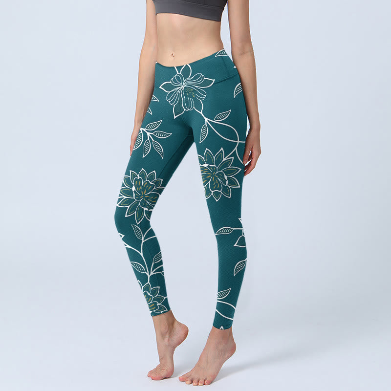 Buddha Stones Retro Elegant Flower Leaf Pattern Print Gym Leggings Women's Yoga Pants - Teal - US18,UK/AU22,EU50 (4XL) - image 0