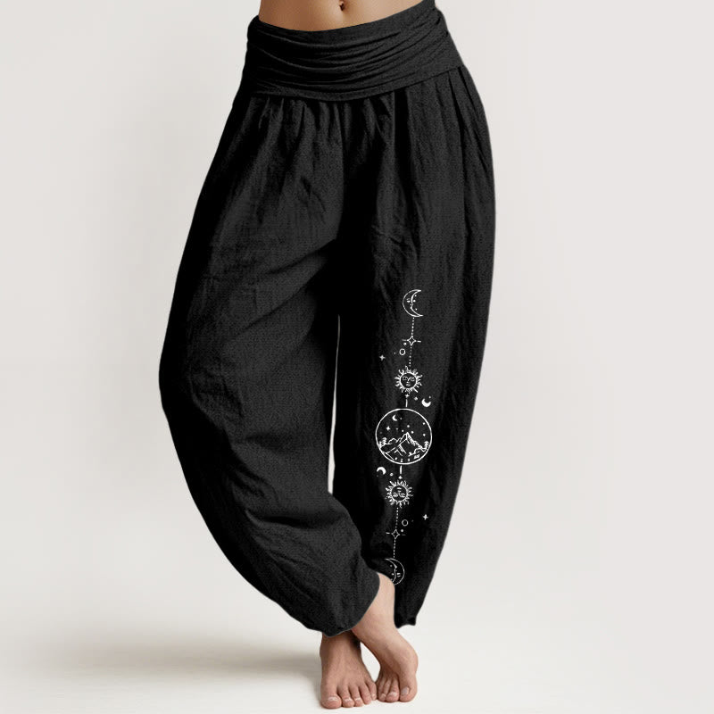 Buddha Stones Pure Cotton Minimalist Design Moon Sun Star Mountain Pattern Women's Elastic Waist Harem Pants - Black - US16,UK/AU20,EU48 (3XL) - image 5