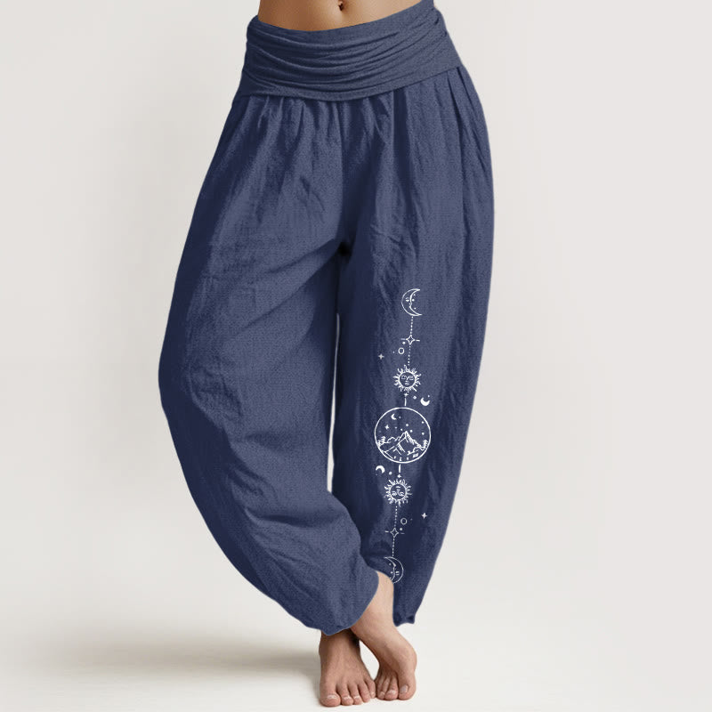 Buddha Stones Pure Cotton Minimalist Design Moon Sun Star Mountain Pattern Women's Elastic Waist Harem Pants - DarkSlateBlue - US16,UK/AU20,EU48 (3XL) - image 8