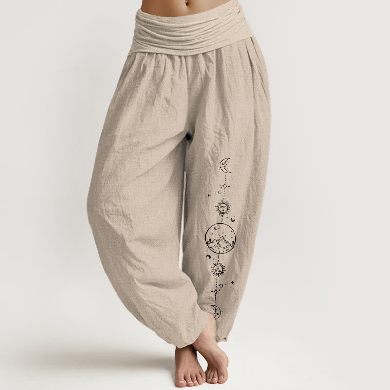 Buddha Stones Pure Cotton Minimalist Design Moon Sun Star Mountain Pattern Women's Elastic Waist Harem Pants - Tan - US16,UK/AU20,EU48 (3XL) - image 11