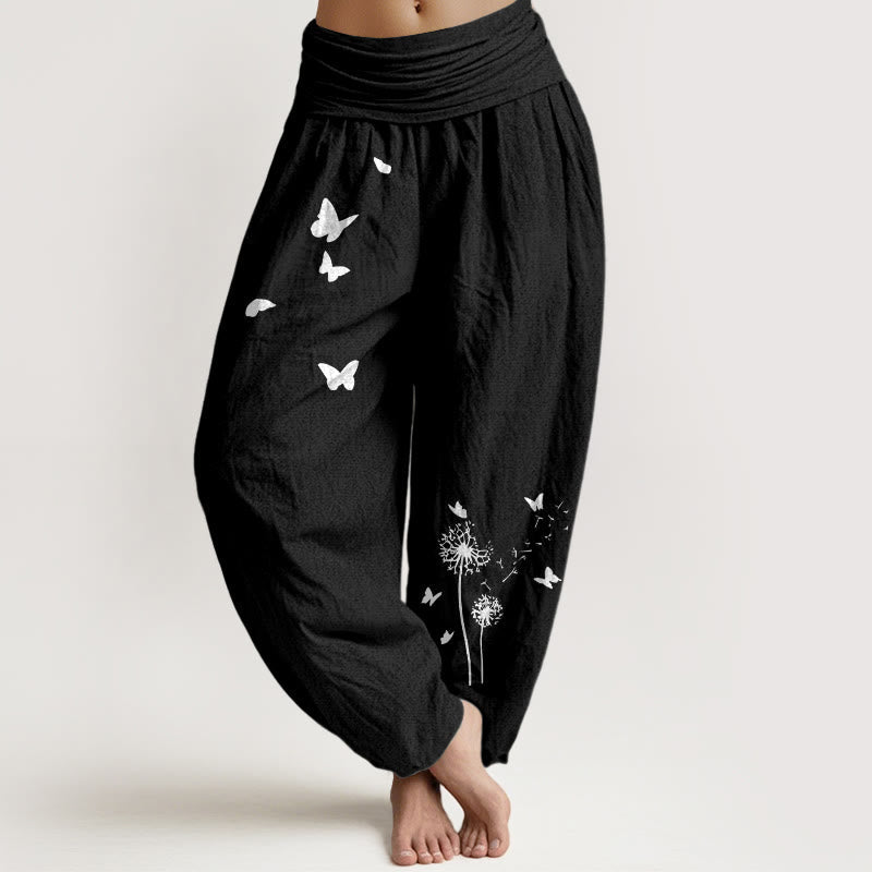 Buddha Stones Pure Cotton Elegant Butterfly Dandelion Pattern Women's Elastic Waist Harem Pants - Black - US16,UK/AU20,EU48 (3XL) - image 0