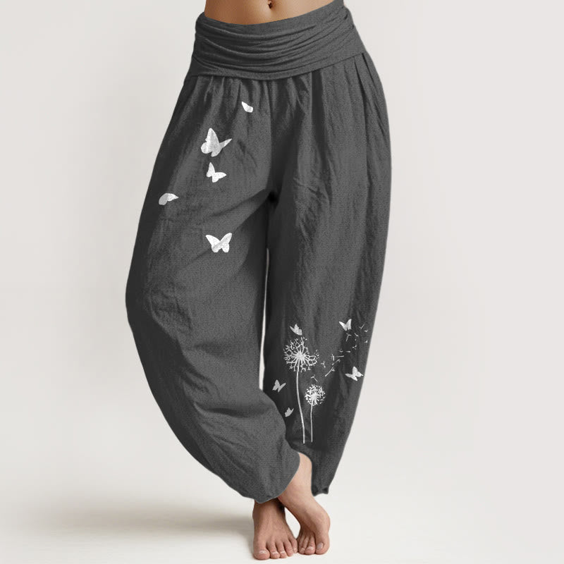 Buddha Stones Pure Cotton Elegant Butterfly Dandelion Pattern Women's Elastic Waist Harem Pants - DimGray - US16,UK/AU20,EU48 (3XL) - image 8