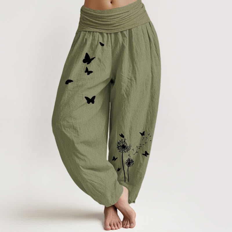 Buddha Stones Pure Cotton Elegant Butterfly Dandelion Pattern Women's Elastic Waist Harem Pants - OliveDrab - US16,UK/AU20,EU48 (3XL) - image 14
