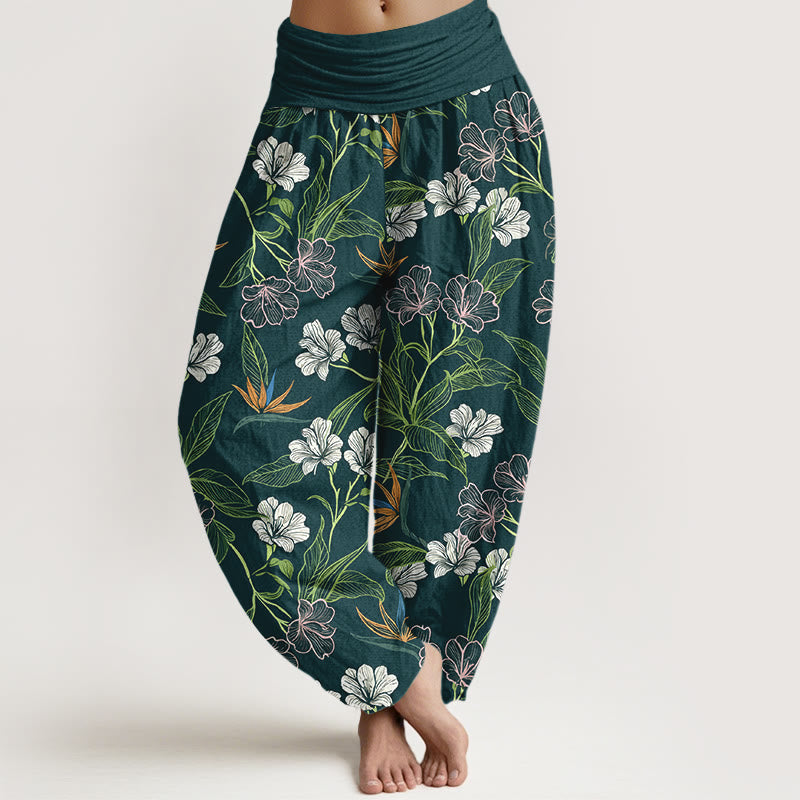 Buddha Stones Cotton Contrasting Colors Flower Leaf Pattern Women's Elastic Waist Harem Pants - Teal - US16,UK/AU20,EU48 (3XL) - image 0