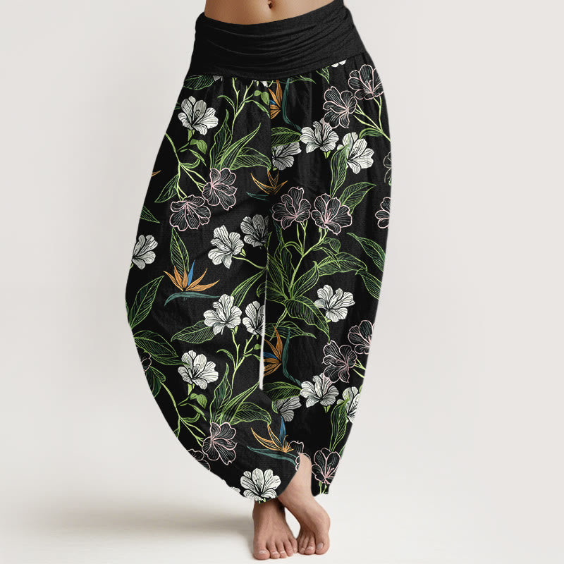 Buddha Stones Cotton Contrasting Colors Flower Leaf Pattern Women's Elastic Waist Harem Pants - Black - US16,UK/AU20,EU48 (3XL) - image 5