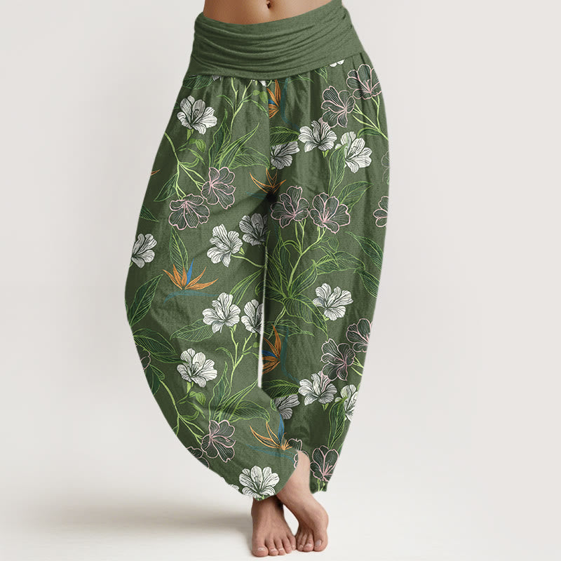 Buddha Stones Cotton Contrasting Colors Flower Leaf Pattern Women's Elastic Waist Harem Pants - OliveDrab - US16,UK/AU20,EU48 (3XL) - image 8