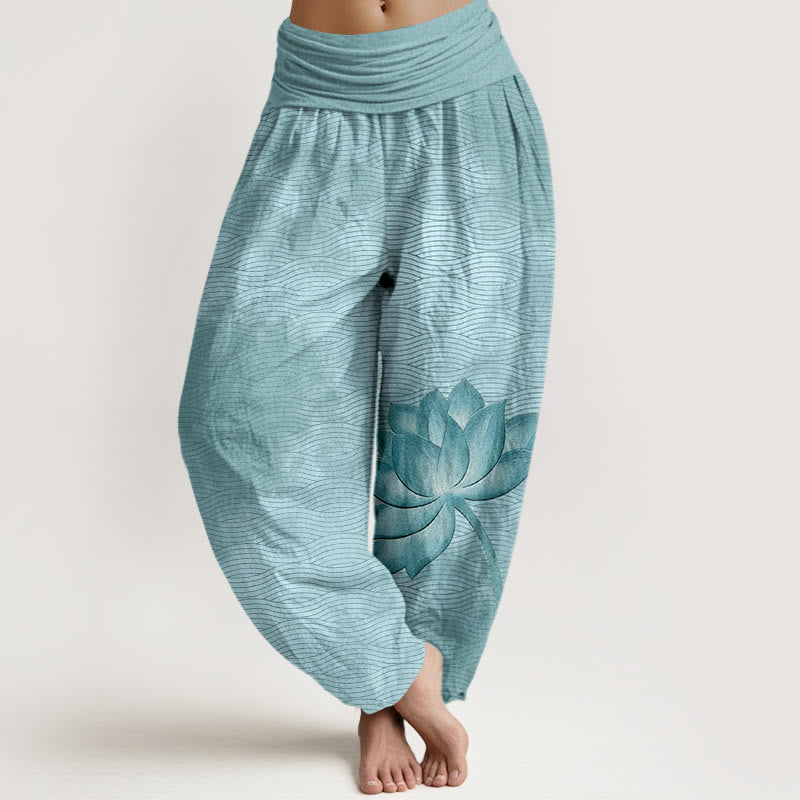 Buddha Stones Cotton Light Color Lotus Wavy Lines Pattern Women's Elastic Waist Harem Pants - SkyBlue - US16,UK/AU20,EU48 (3XL) - image 0