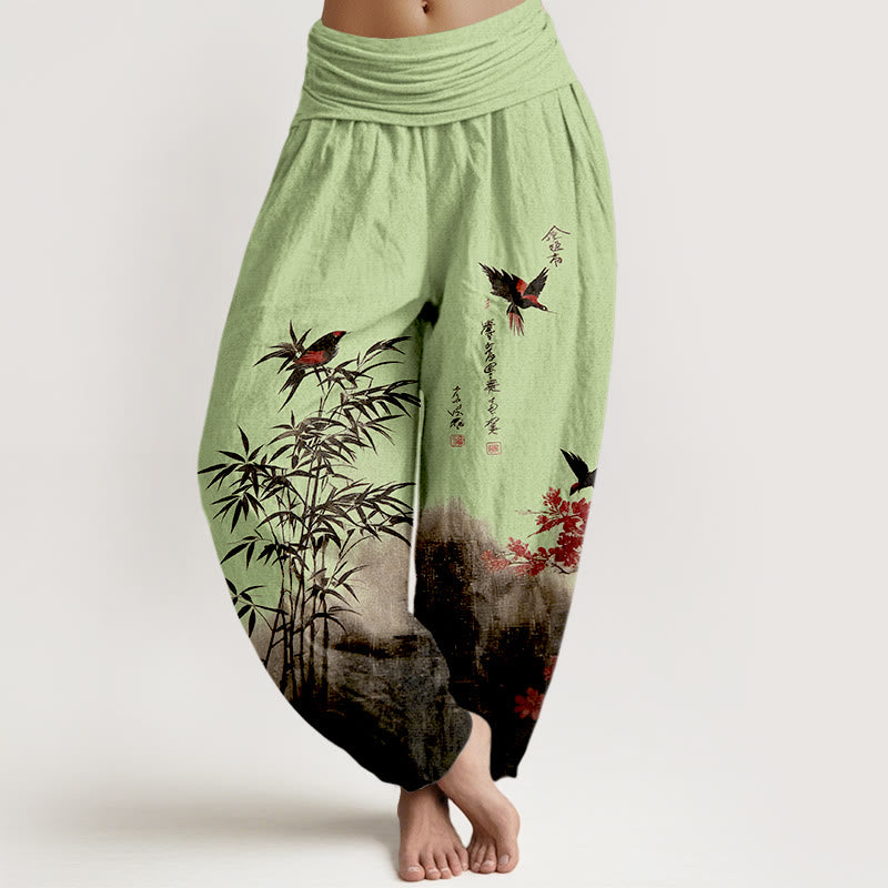 Buddha Stones Cotton Classical Bamboo Bird Flower Pattern Women's Elastic Waist Harem Pants - LightGreen - US16,UK/AU20,EU48 (3XL) - image 5