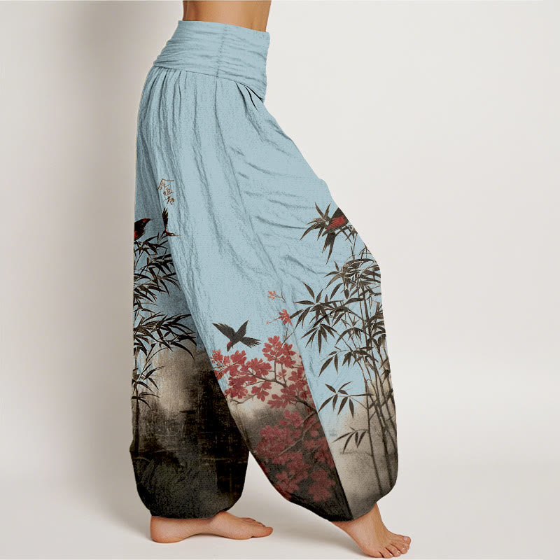Buddha Stones Cotton Classical Bamboo Bird Flower Pattern Women's Elastic Waist Harem Pants - image 10