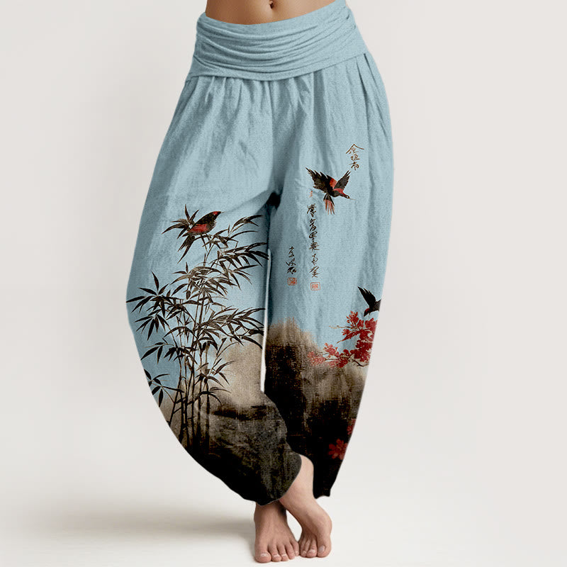 Buddha Stones Cotton Classical Bamboo Bird Flower Pattern Women's Elastic Waist Harem Pants - LightSkyBlue - US16,UK/AU20,EU48 (3XL) - image 8