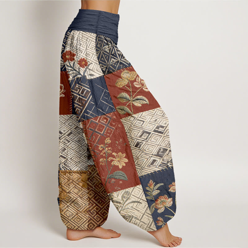 Buddha Stones Cotton Color Blocking Design Flower Geometry Pattern Women's Elastic Waist Harem Pants - image 2