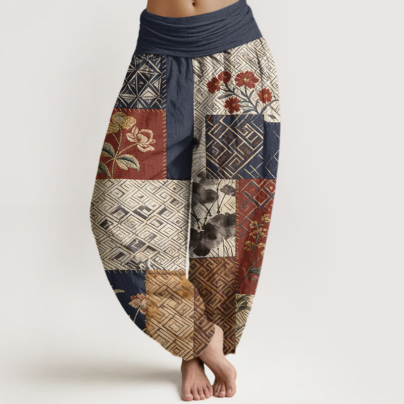 Buddha Stones Cotton Color Blocking Design Flower Geometry Pattern Women's Elastic Waist Harem Pants - MidnightBlue - US16,UK/AU20,EU48 (3XL) - image 0