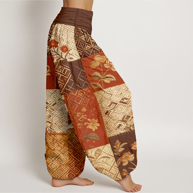 Buddha Stones Cotton Color Blocking Design Flower Geometry Pattern Women's Elastic Waist Harem Pants - image 7