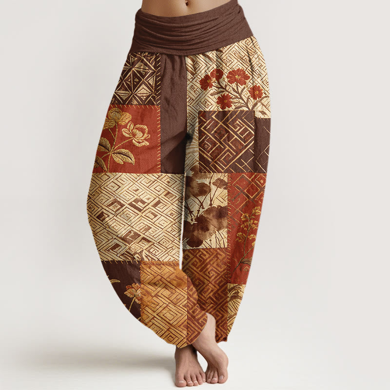 Buddha Stones Cotton Color Blocking Design Flower Geometry Pattern Women's Elastic Waist Harem Pants - Brown - US16,UK/AU20,EU48 (3XL) - image 5