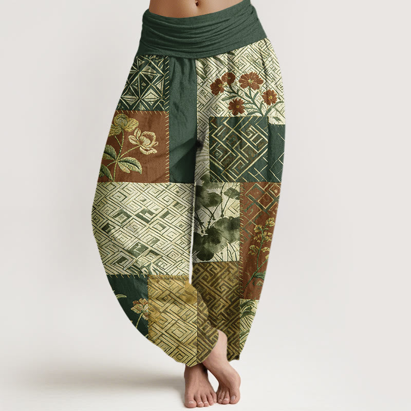 Buddha Stones Cotton Color Blocking Design Flower Geometry Pattern Women's Elastic Waist Harem Pants - DarkGreen - US16,UK/AU20,EU48 (3XL) - image 8