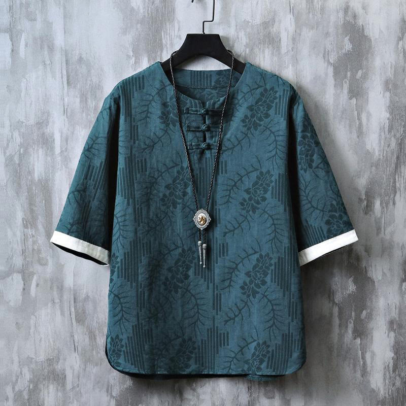 Buddha Stones Summer Floral Pattern Frog-Button Half Sleeve Cotton Men's Shirt - Teal - US/UK/AU48,EU58 (6XL) - image 0