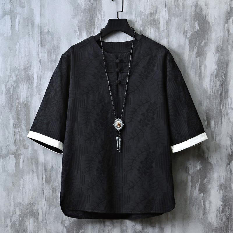 Buddha Stones Summer Floral Pattern Frog-Button Half Sleeve Cotton Men's Shirt - Black - US/UK/AU48,EU58 (6XL) - image 10