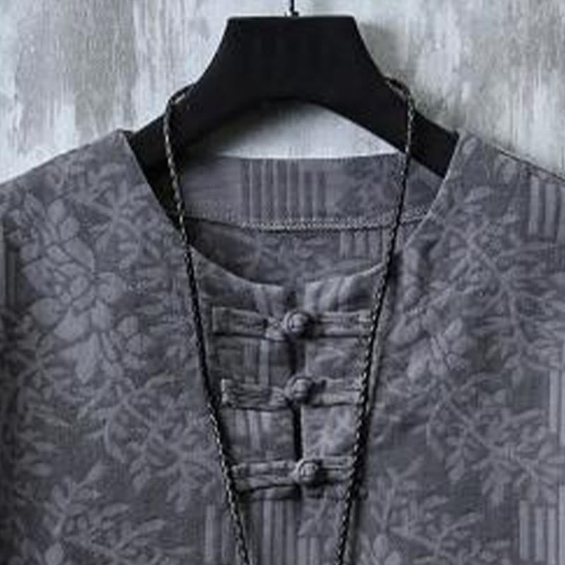 Buddha Stones Summer Floral Pattern Frog-Button Half Sleeve Cotton Men's Shirt - image 5
