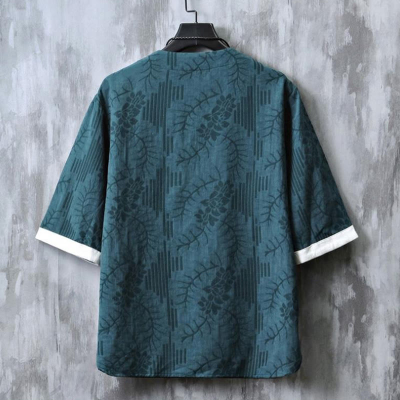 Buddha Stones Summer Floral Pattern Frog-Button Half Sleeve Cotton Men's Shirt - image 1