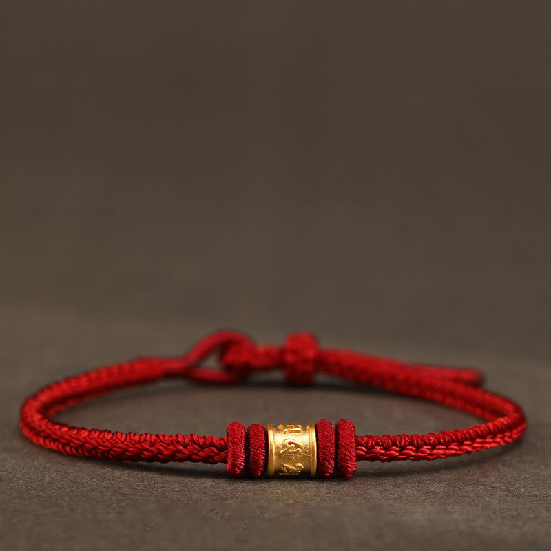 Buddha Stones Tibet Handmade 999 Gold Om Mani Padme Hum Luck Protection Bracelet - Red - 18cm - image 0