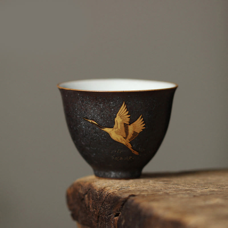 Buddha Stones Small Hand-painted Golden Crane Ceramic Teacup Kung Fu Tea Cup 40ml - Flying Crane 6cm*4.8cm*40ml - image 3