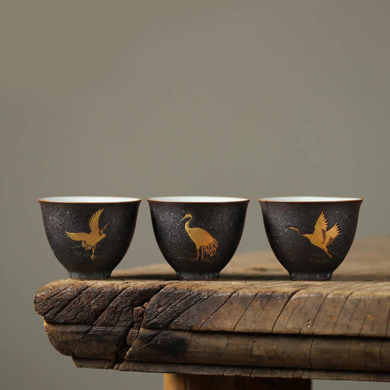 Buddha Stones Small Hand-painted Golden Crane Ceramic Teacup Kung Fu Tea Cup 40ml - image 0