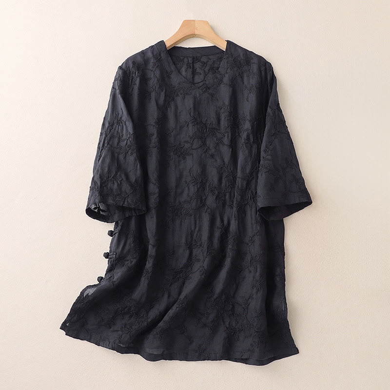 Buddha Stones Spring V-Neck Long Sleeve Leaf Pattern Women's Cotton Shirt - Black - US8-10,UK/AU12-14,EU40-42 (2XL) - image 8