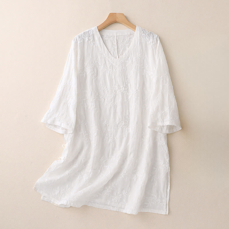 Buddha Stones Spring V-Neck Long Sleeve Leaf Pattern Women's Cotton Shirt - White - US8-10,UK/AU12-14,EU40-42 (2XL) - image 9