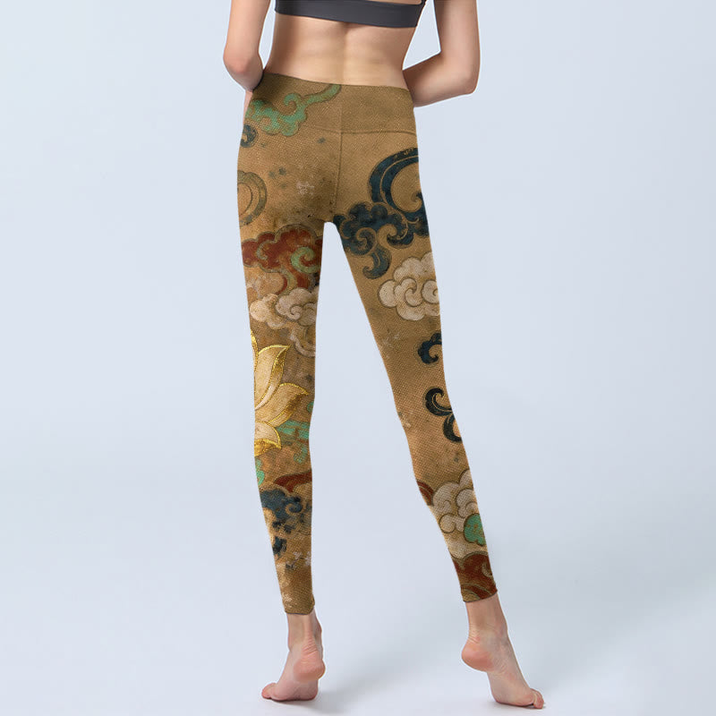 Buddha Stones Traditional Lotus Flower Cloud Pattern Print Gym Leggings Women's Yoga Pants - image 6