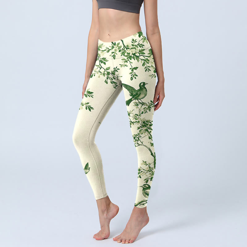 Buddha Stones Fresh Tree Flower Leaf Bird Pattern Print Gym Leggings Women's Yoga Pants - Beige - US18,UK/AU22,EU50 (4XL) - image 0