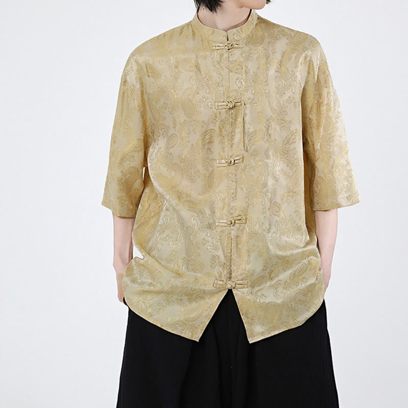 Buddha Stones Summer Frog-Button Half Sleeve Vine Leaf Flower Pattern Men's Shirt - image 10