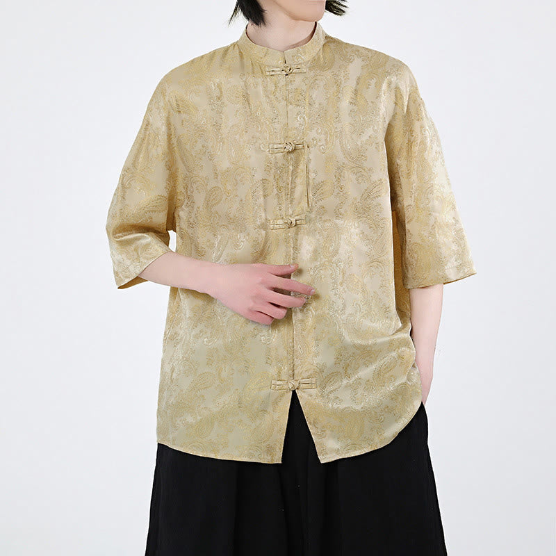 Buddha Stones Summer Frog-Button Half Sleeve Vine Leaf Flower Pattern Men's Shirt - image 11