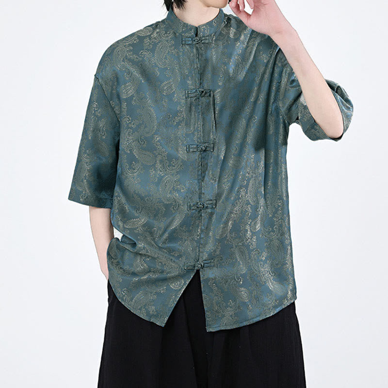 Buddha Stones Summer Frog-Button Half Sleeve Vine Leaf Flower Pattern Men's Shirt - image 2