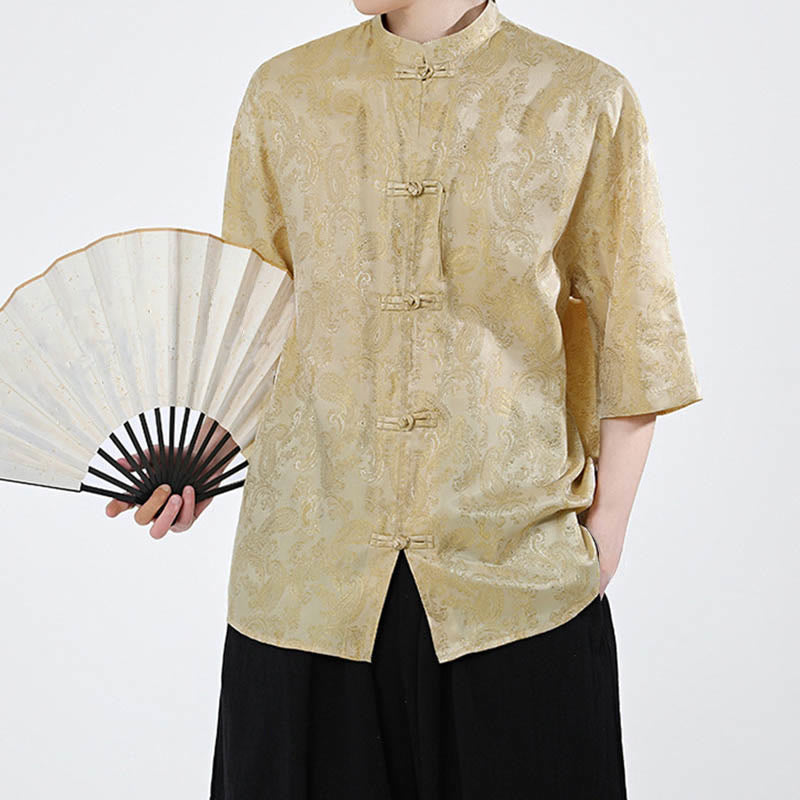 Buddha Stones Summer Frog-Button Half Sleeve Vine Leaf Flower Pattern Men's Shirt - image 9