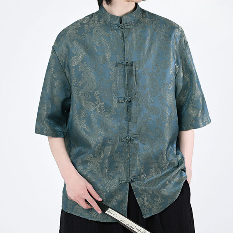 Buddha Stones Summer Frog-Button Half Sleeve Vine Leaf Flower Pattern Men's Shirt - image 3