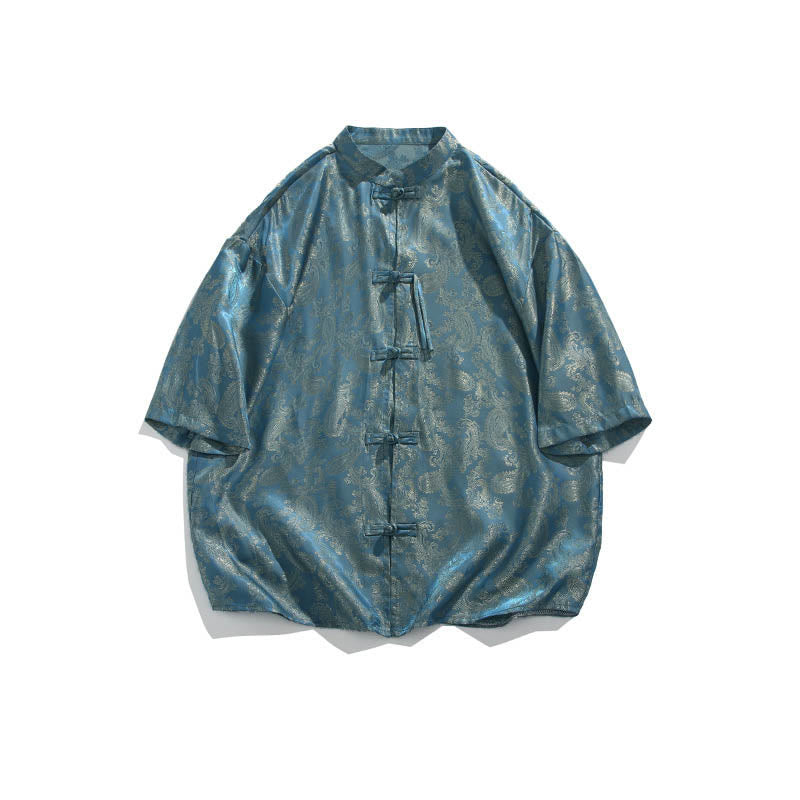 Buddha Stones Summer Frog-Button Half Sleeve Vine Leaf Flower Pattern Men's Shirt - image 7