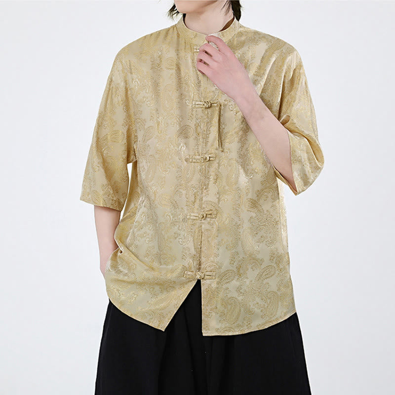 Buddha Stones Summer Frog-Button Half Sleeve Vine Leaf Flower Pattern Men's Shirt - image 13