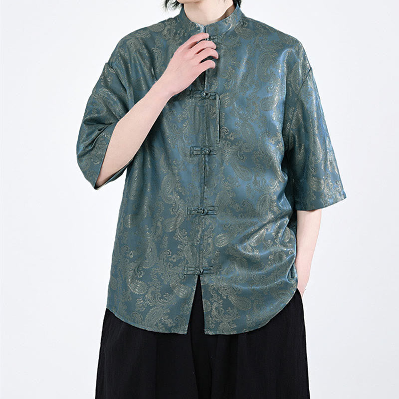 Buddha Stones Summer Frog-Button Half Sleeve Vine Leaf Flower Pattern Men's Shirt - image 4