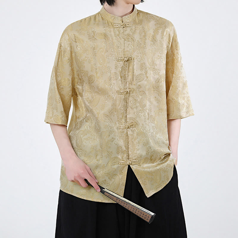 Buddha Stones Summer Frog-Button Half Sleeve Vine Leaf Flower Pattern Men's Shirt - image 12