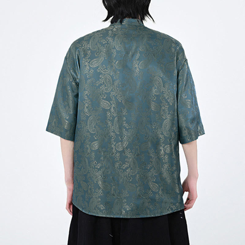 Buddha Stones Summer Frog-Button Half Sleeve Vine Leaf Flower Pattern Men's Shirt - image 6