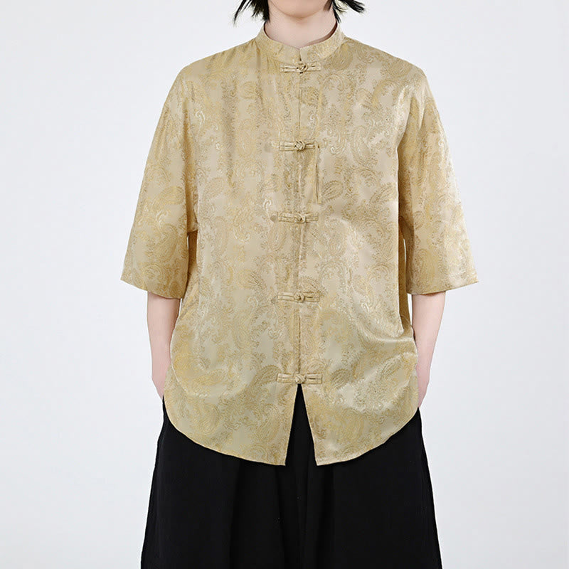 Buddha Stones Summer Frog-Button Half Sleeve Vine Leaf Flower Pattern Men's Shirt - Gold - US/UK/AU46,EU56 (5XL) - image 8