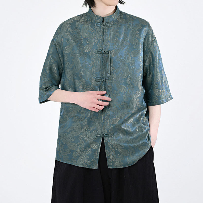 Buddha Stones Summer Frog-Button Half Sleeve Vine Leaf Flower Pattern Men's Shirt - image 5