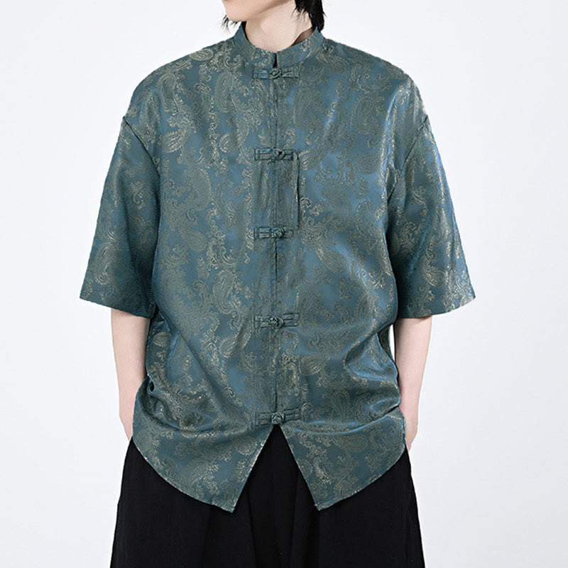 Buddha Stones Summer Frog-Button Half Sleeve Vine Leaf Flower Pattern Men's Shirt - image 1