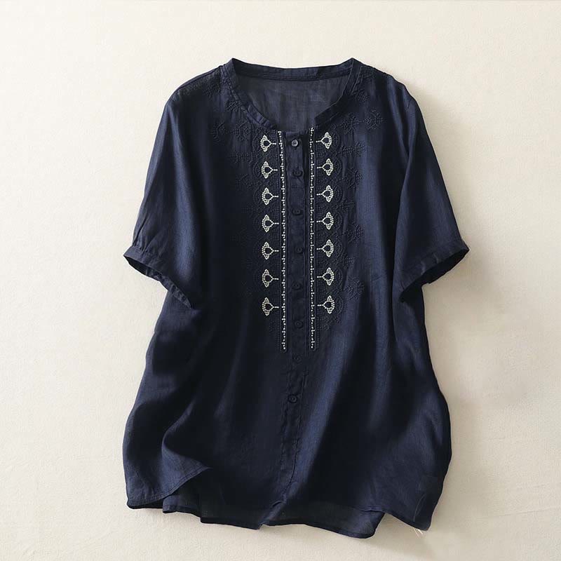 Buddha Stones Summer Floral Pattern Crew Neck Short Sleeve Women's Polyester Shirt - MidnightBlue - US12,UK/AU16,EU44 (2XL) - image 0