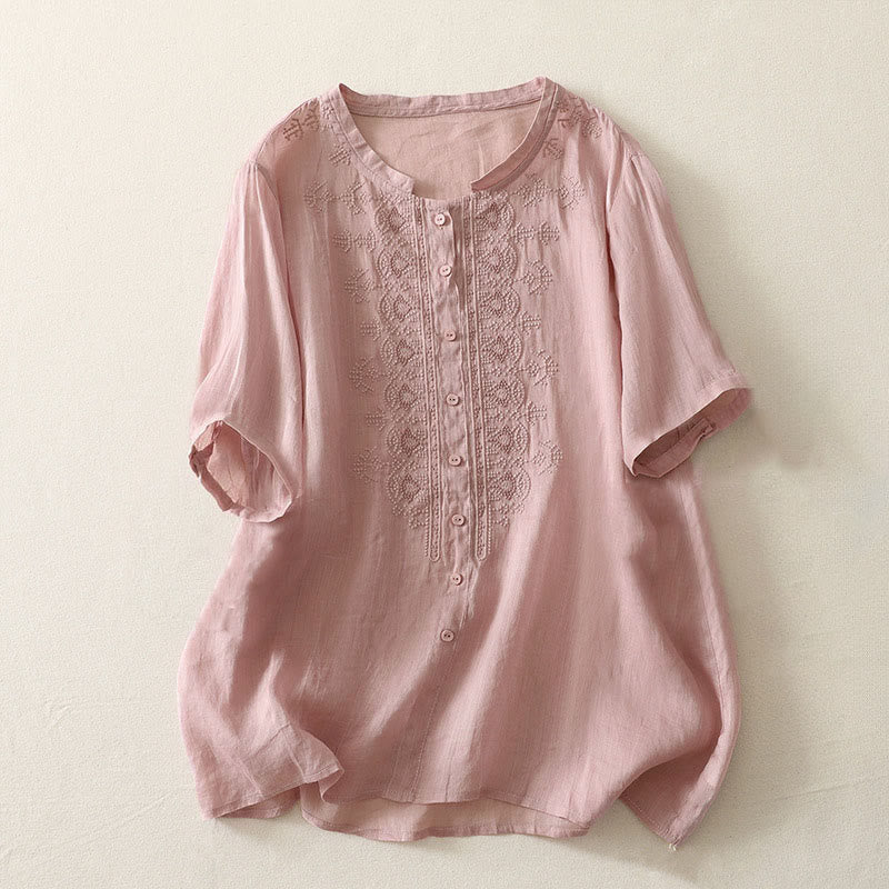 Buddha Stones Summer Floral Pattern Crew Neck Short Sleeve Women's Polyester Shirt - Pink - US12,UK/AU16,EU44 (2XL) - image 5