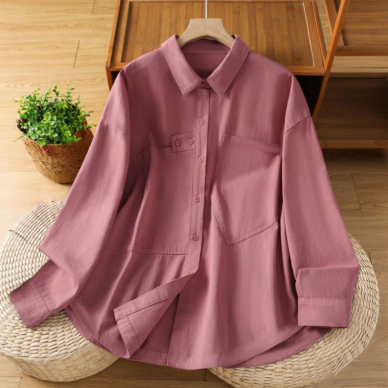 Buddha Stones Spring Plain Lapel Long Sleeve Women's Cotton Shirt With Pockets - DeepPink - US12,UK/AU16,EU44 (2XL) - image 0