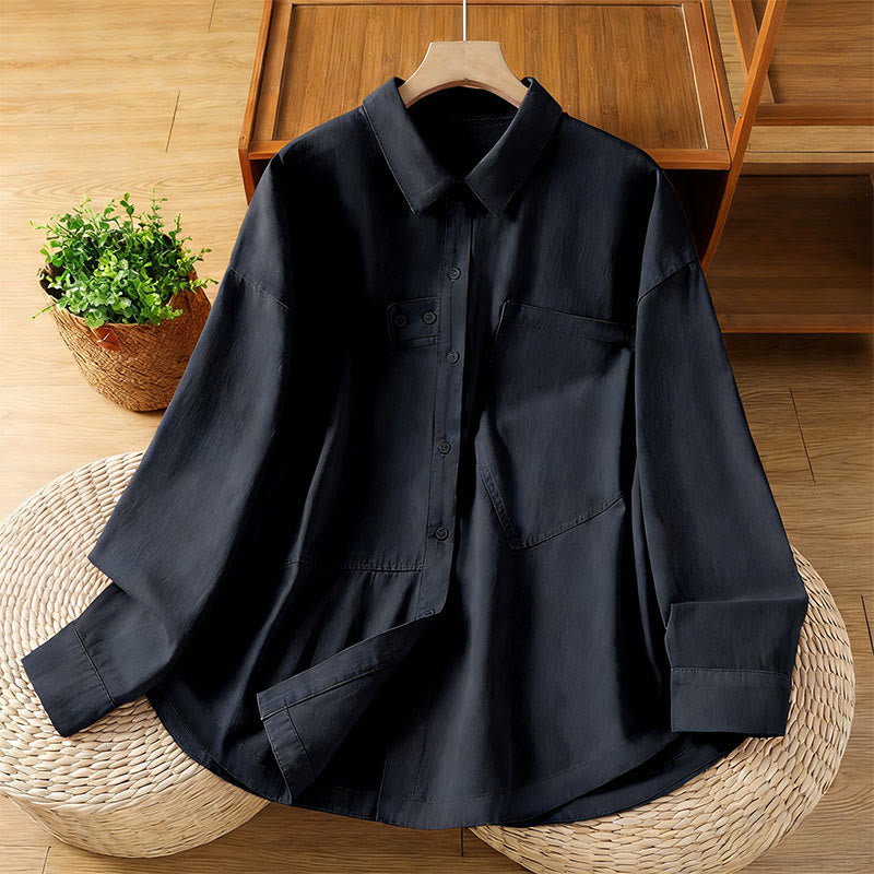 Buddha Stones Spring Plain Lapel Long Sleeve Women's Cotton Shirt With Pockets - Black - US12,UK/AU16,EU44 (2XL) - image 10