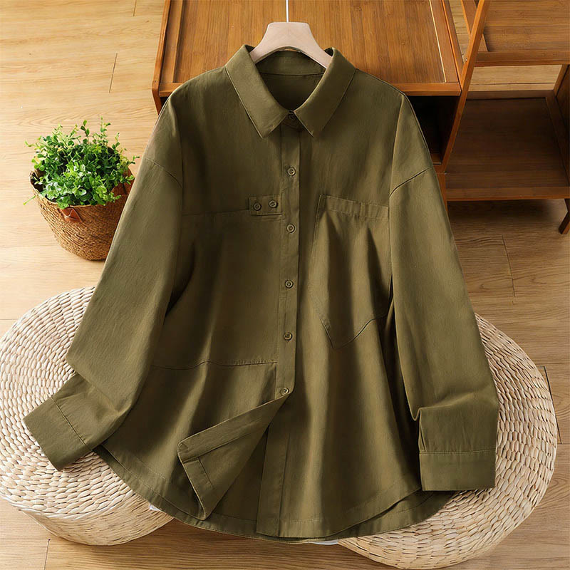 Buddha Stones Spring Plain Lapel Long Sleeve Women's Cotton Shirt With Pockets - Olive - US12,UK/AU16,EU44 (2XL) - image 19