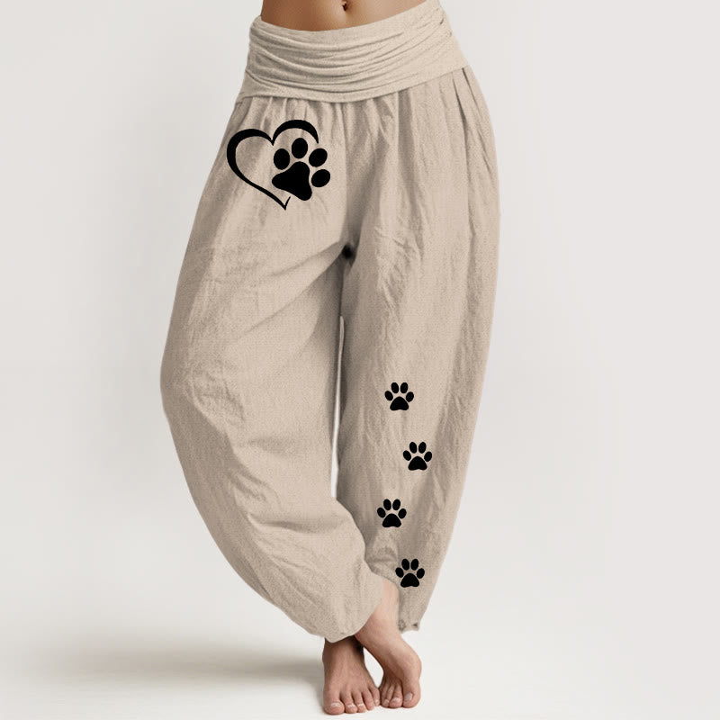Buddha Stones Pure Cotton Concise Cat Paw Prints Heart-Shaped Pattern Women's Elastic Waist Harem Pants - Tan - US16,UK/AU20,EU48 (3XL) - image 0