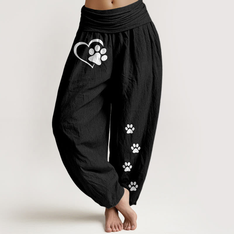 Buddha Stones Pure Cotton Concise Cat Paw Prints Heart-Shaped Pattern Women's Elastic Waist Harem Pants - Black - US16,UK/AU20,EU48 (3XL) - image 5
